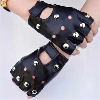

1 Pair Unisex Artificial Leather Half-Finger Gloves Theatrical Punk Hip-Hop Driving Motorcycle Performance Fingerless Mittens