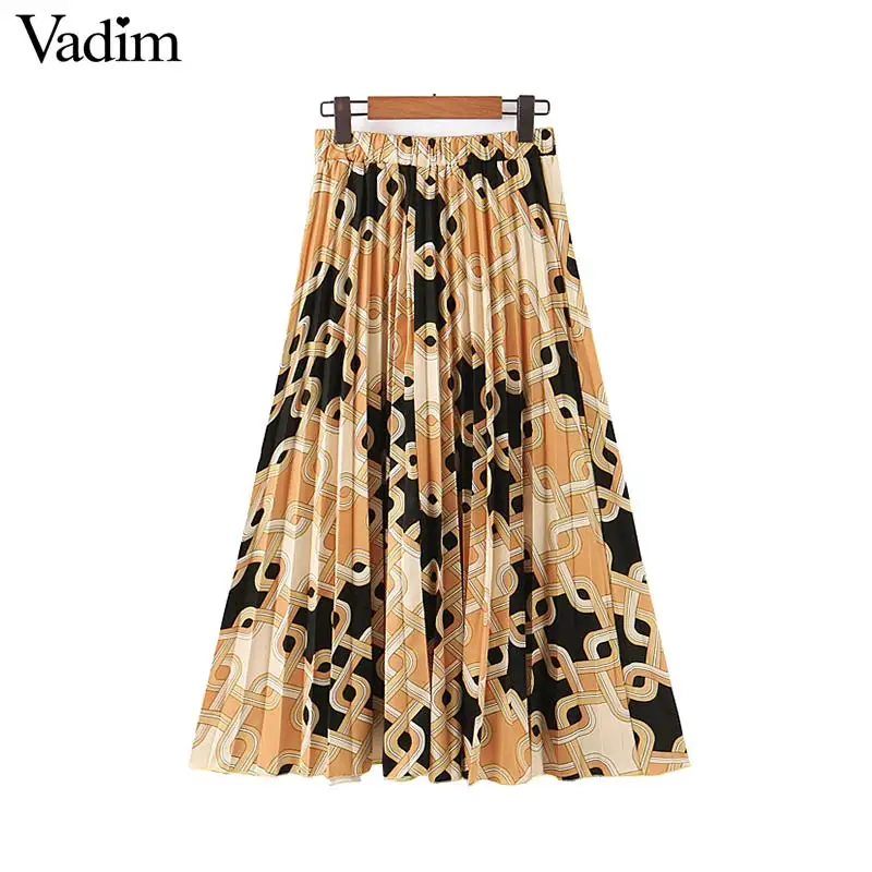 

Vadim womem fashion chain pattern pleated skirt elastic waist European style midi skirts female mid caf skirt mujer BA750