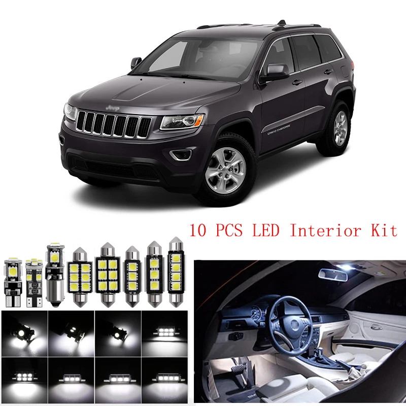 

10pcs White Car LED Light Bulbs Interior Package Kit For Jeep Cherokee 2014 - Present Map Dome Reading Trunk License Plate Lamp