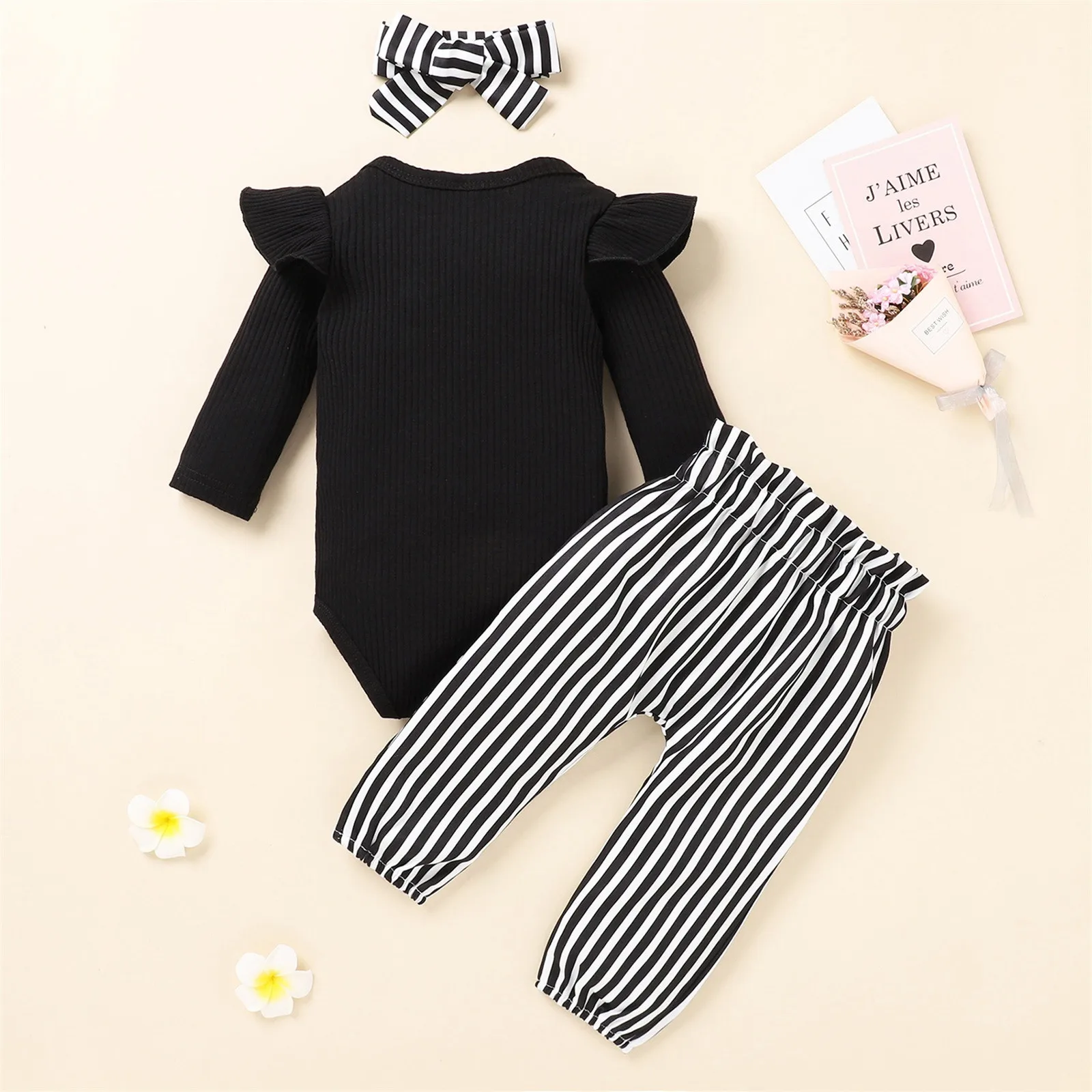 3pcs Newborn Baby Girls Clothes Ribbed Bodysuit +Striped Pants +