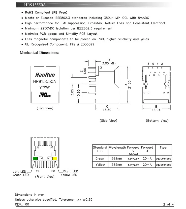 1 шт. HR913550A RJ45 разъем 100Base-T WiFi сетевой разъем с светодиодный