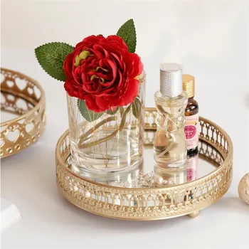 

Jewelry Storage Tray Golden Color Metal Delicate Glass Mirror Base Desktop Cosmetic Organizer