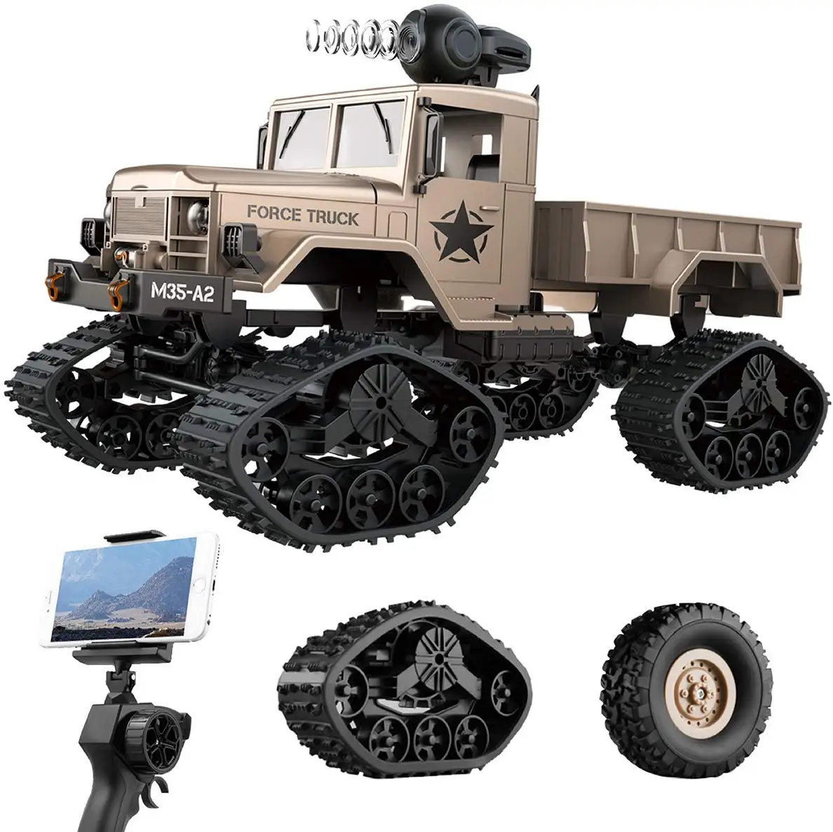 

RC Hobby Toys Military Truck Off-Road Sport Cars 4WD 2.4Ghz All Terrain Vehicle with Wi-Fi HD Camera Gifts for Kids and Adults