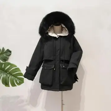 black Натуральный Лисий мех воротник зимняя куртка женская пуховая парка белый пуховик Верхняя одежда Женская Длинная толстая теплая Свободная куртка - Цвет: black