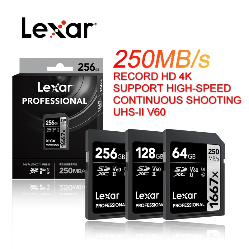 により Original Lexar 1667x V60 250MB/s Flash Memory sd cards 64gb 128GB
