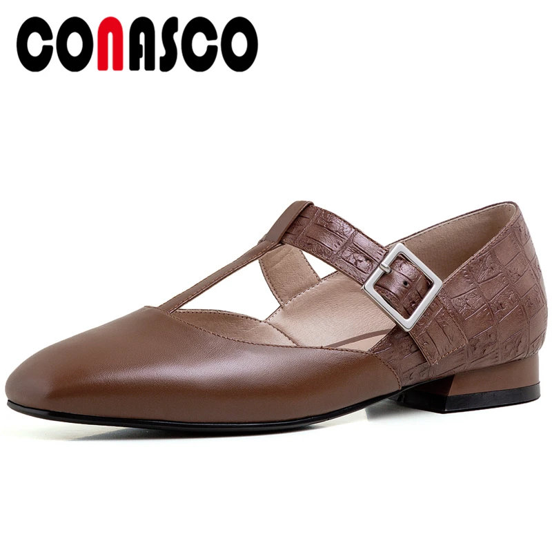 

CONASCO Fashion Spring Summer Genuine Leather Woman Pumps T-Strap Metal Buckle Low Heels Square Toe Concise Casual Shoes Woman