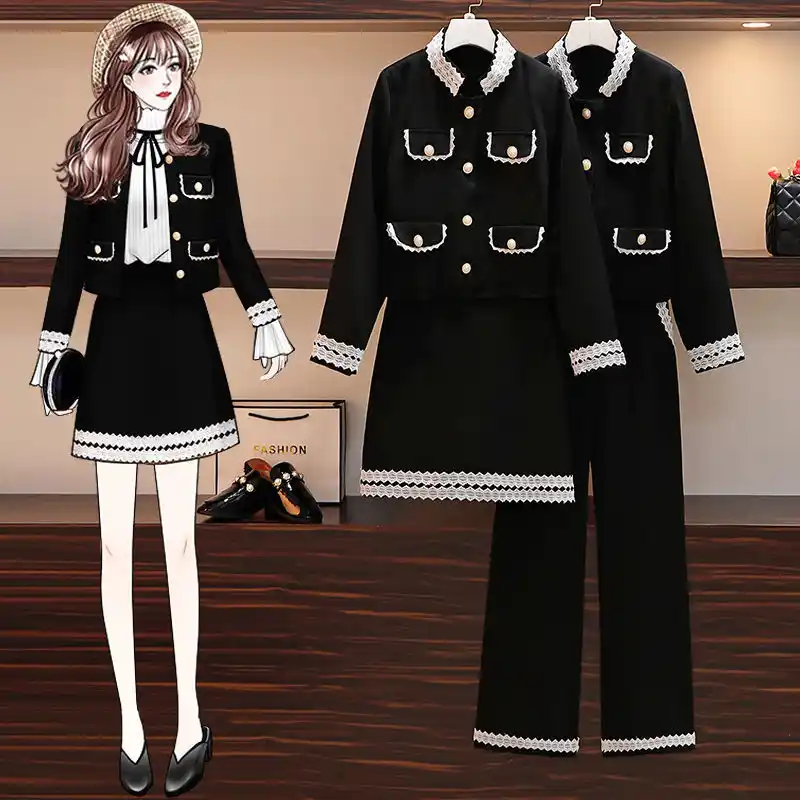 女性の秋新ツーピーススーツかわいいジャケット ショートスカート ワイド脚パンツスーツプラスサイズm 4xl女性の黒のスーツ セット Dress Suits Aliexpress