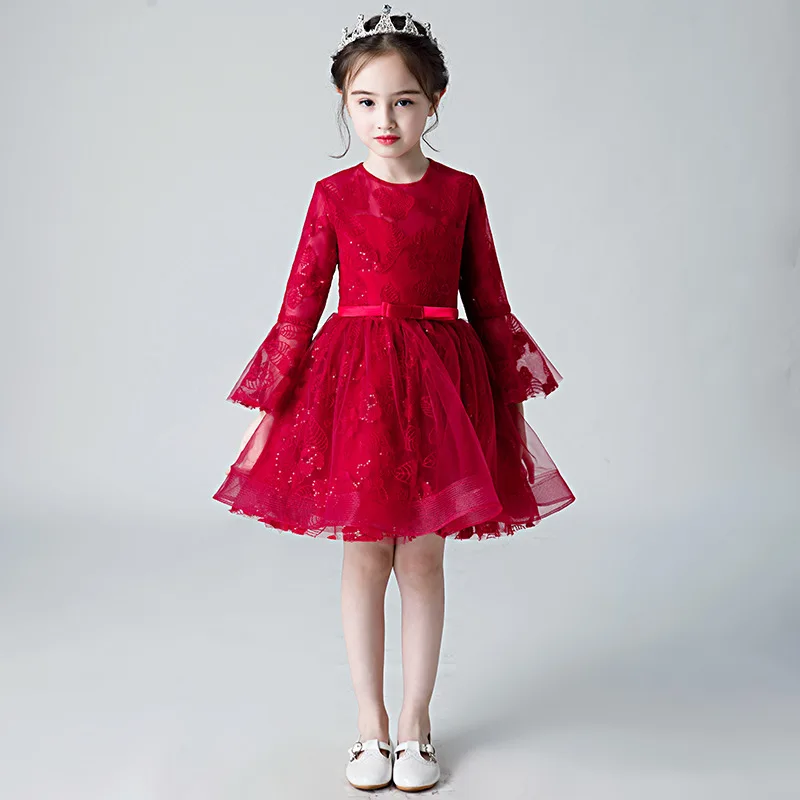 Детское платье винного цвета; платье принцессы для девочек; свадебное платье-пачка со шлейфом; костюм для подиума; вечернее платье