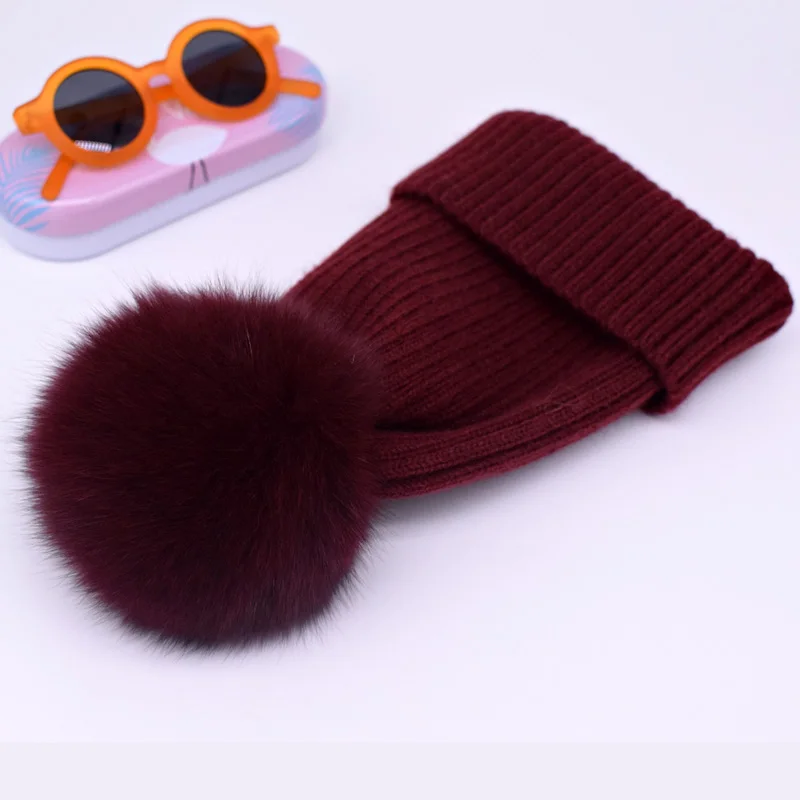 wool wine fox fur Новинка, зимняя шапка, роскошные качественные шапки с меховым помпоном, шапка высокого качества для девочек, женские зимние шапки - Цвет: wool wine fox fur