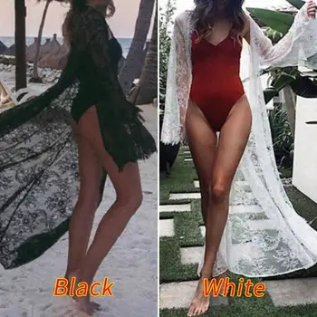 

2020 Plus Size ZANZEA Summer Cardigan Women Solid Lace Kimono Swimwear Cover Up Beach Shawl Long Vestidos Blouse Tunic Kaftan