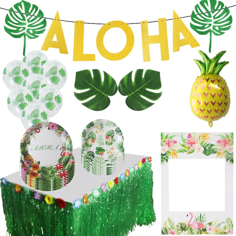 

Hawaiian Party Decorations Aloha Palm Leaves Bunting Banner Luau Flamingo Summer Tropical Party Decoration Ballons Tableware