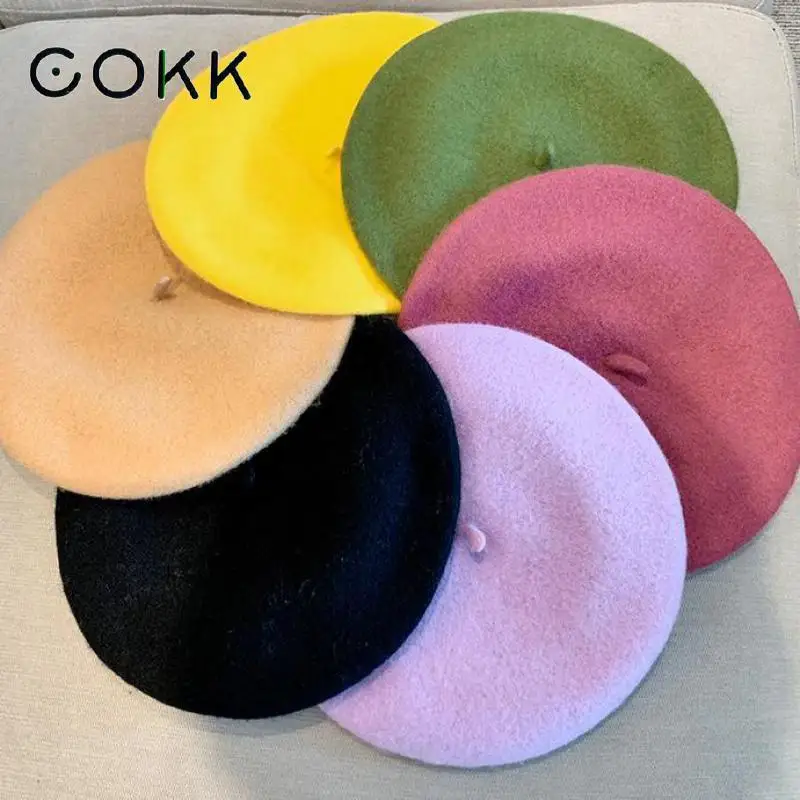 

Женские шерстяные береты COKK, зимние шерстяные береты с рисунком художника, осенне-зимняя шапка на плоской подошве, берет французского художника, винтажный теплый повседневный берет для девочек