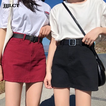 

School girls street clothing denim short skirt high waist line mini skirt female summer new pocket red black denim skirt