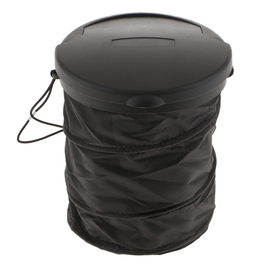 Plastic Folding Car Trash Can Car Garbage Bin Container Rubbish Bin Black With Flip Open Lid and Adjustable Hook