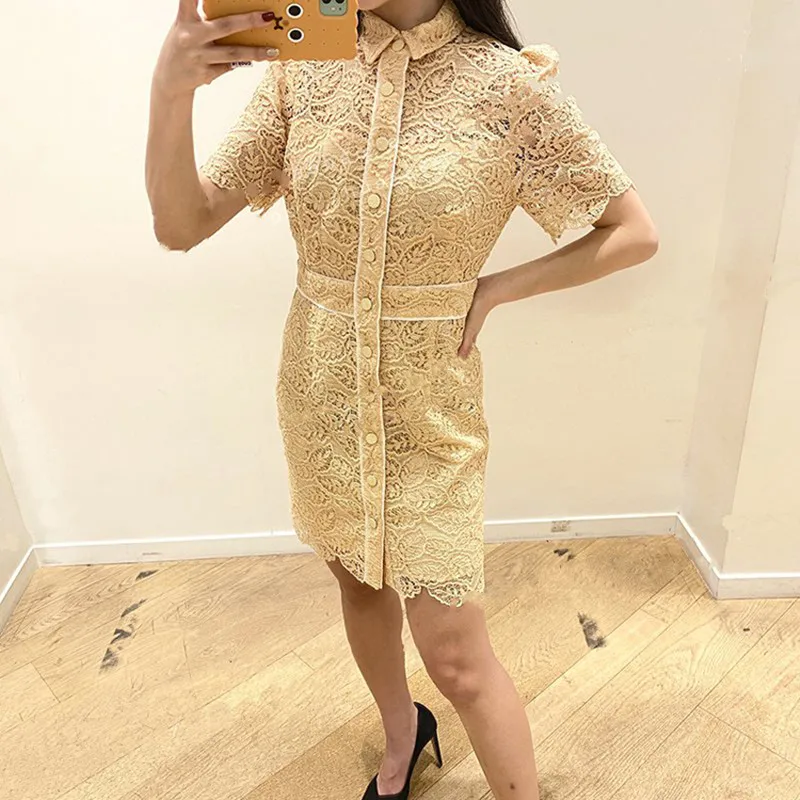 

Three Color Women's Lace Hollow out Mini Dress Short Sleeve Turn-down Collar Solid Color Elegant Buttons Lady Short Dresses