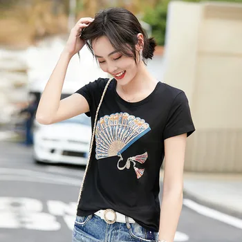 

2020 summer fan hand-beaded a generation of slim round neck women's short-sleeved T-shirt trendy small shirt