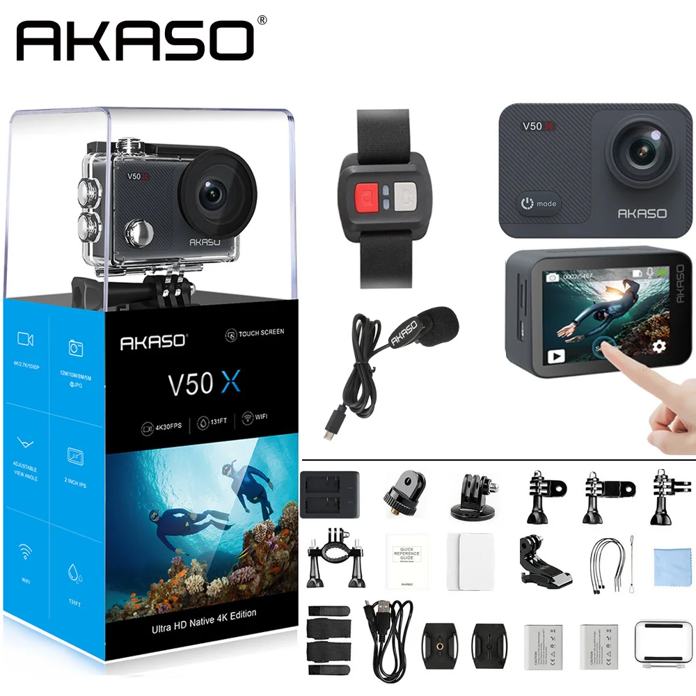 AKASO V50X Native 4K/30fps WiFi Action Camera with 2'' EIS Touch Screen 131 Feet Waterproof Camera Remote Control Sports Camera sports camera Action Cameras