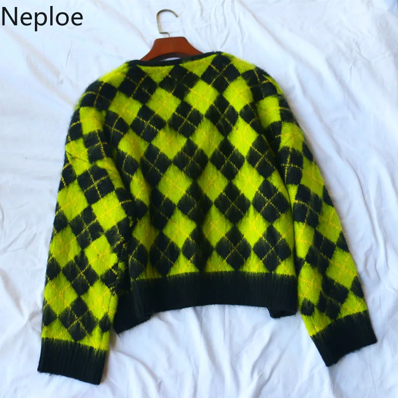 Neploe, кардиганы с шахматным узором, женская мода, v-образный вырез, пуговицы, Короткие вязаные кардиганы, мягкие пушистые Топы с длинным рукавом, 80291