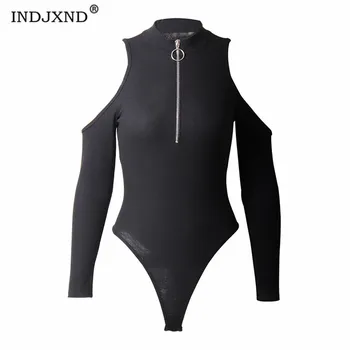 

INDJXND Sexy High Collar Knitted Bodysuit Women Black Long Sleeve Zipper Rompers Womens Jumpsuit Casual Hollow Out Bodysuits