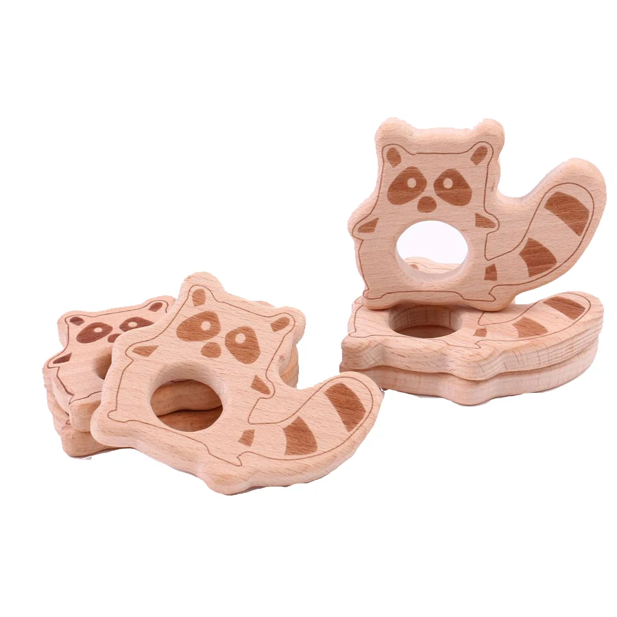 10PCS Baby Food Grade Wooden Beech Teether Animal Bears Nursing Wood Pendant Pacifier Accesories Gifts Rattle Sensory Chew Toys