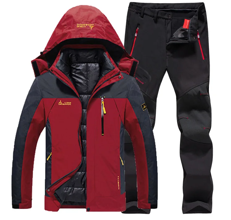 Red Black set Мужские зимние водонепроницаемые рыболовные термо брюки размера плюс походные лыжные альпинистские куртки 3 в 1 комплект 6XL костюм - Цвет: Red Black set