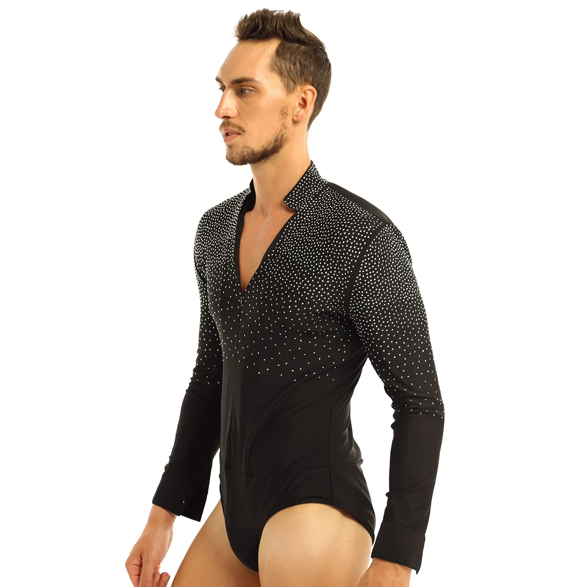 Men Shirts Shiny Rhinestones Stand Collar Ballroom Costumes Dancewear Latin Tango Rumba Dance Shirt Leotard Bodysuit Shirt Tops white short sleeve shirt