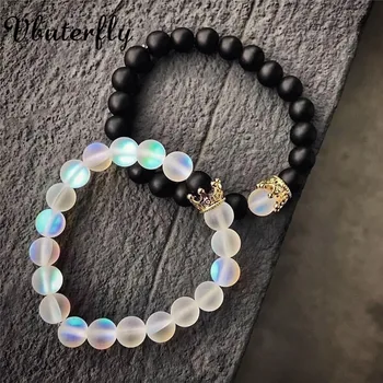 

Mermaid Clear Glass Moonstone Bracelet with Crown, Simple Style for Couple AK Stretch Shamballa Bead Bracelet Moon Stone HJ3F-3F