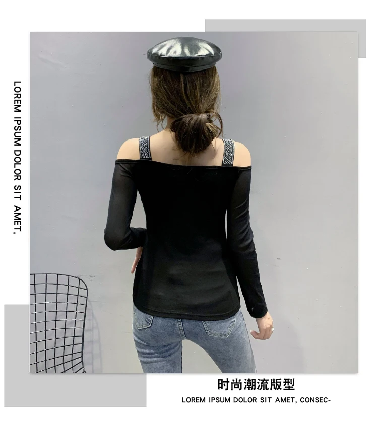 2020 Autumn new woman tshirts Fashion sexy off the shoulder women t-shirt long sleeve Hot drilling plus size women clothing
