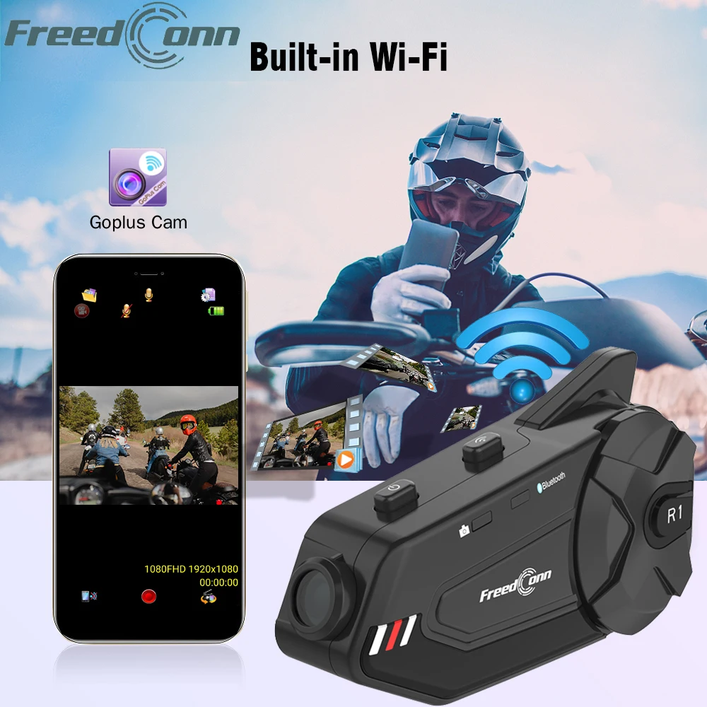 R1 Plus Wifi Recorder Bluetooth 5.0 Motorcycle Group Intercom HD 1080P Video FM 6 Riders Helmet Interphone Headset DVR