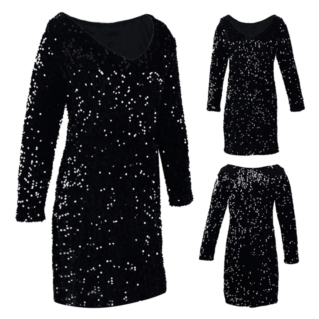 Ropa mujer vestidos, женское платье большого размера, рождественское платье с v-образным вырезом на спине, с длинным рукавом, стрейчевое, с блестками, облегающее, вечерние, зимнее платье sukienki