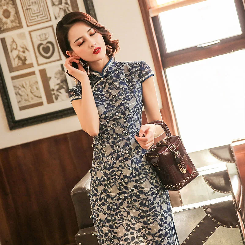 Цветочное женское кружевное Qipao Сексуальное Тонкое китайское вечернее платье большого размера 3XL с высоким Чонсам с высоким разрезом элегантное платье