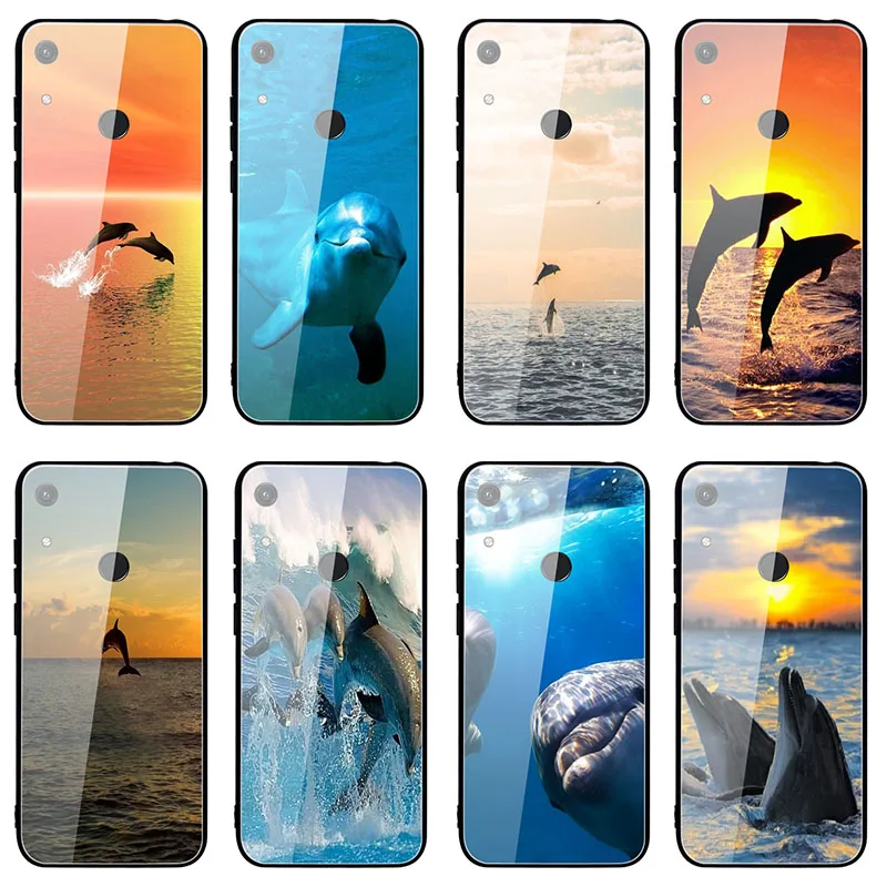 Tempered Glass Phone Cases for Huawei Honor Y6 Y9 2018 2019 6X 8 8A 8X 9 9X 10 X10 Max Lite Bags Bottlenose Dolphins Sea | Мобильные