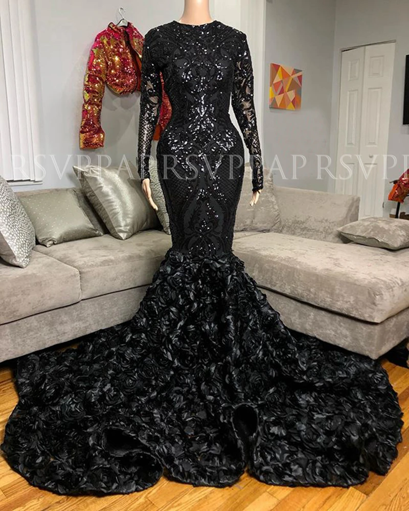 black long sleeve sequin prom dress