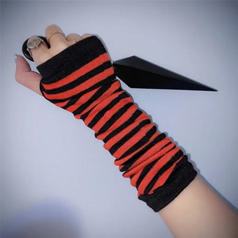 Women Grunge Striped Gloves Arm Warmer Knitted Long Fingerless Gloves Gothic Mittens Punk Rock Accessories Emo Scene Egirl Anime best winter gloves for men