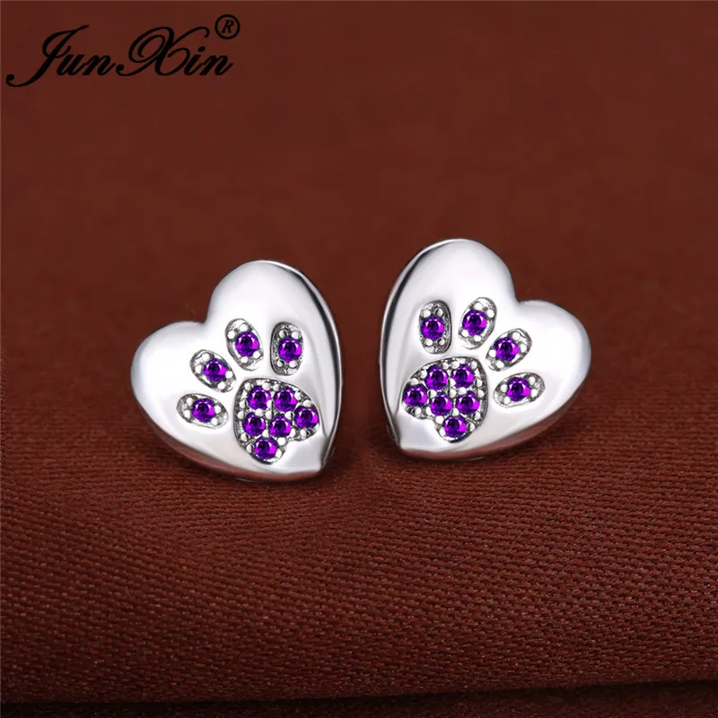 Cute Animal Bear Cat Dog Paw Stud Earrings For Women Men Silver Color Green Pink Purple Zircon Heart Earring Wedding Jewelry