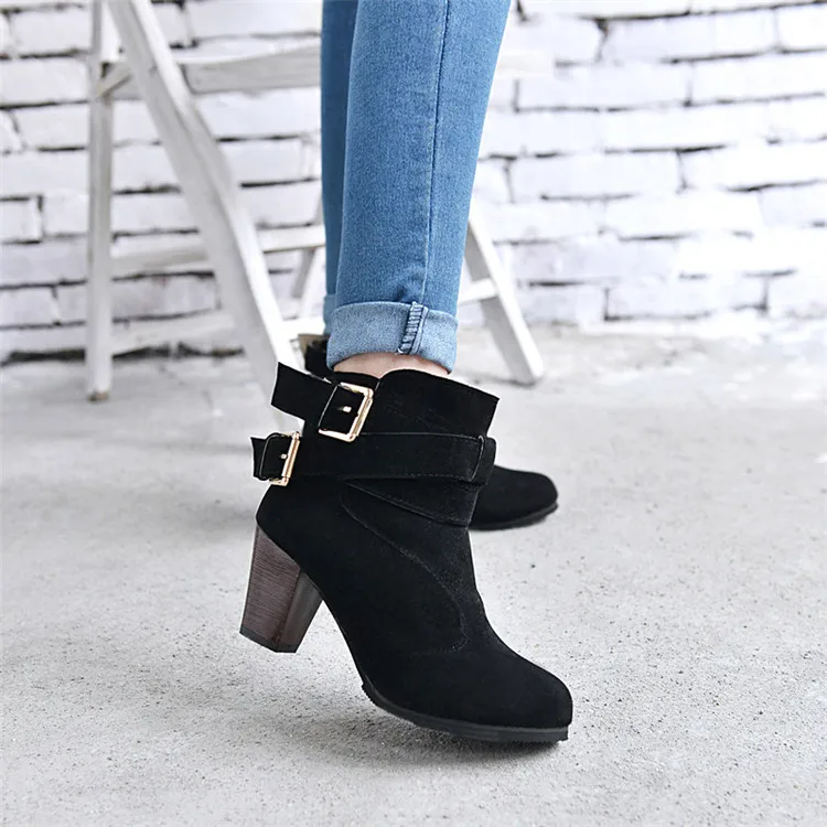 

Fashion Ankle PU Women Basic Boots Round Toe Metal Decoration Sewing Solid Vintage Boots Med Square Heel Big Size Shoes