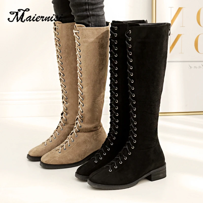 

MAIERNISI Boot long botas women cross-tied lace up retro low heel martin bottines brand design motorcycle flock boots women