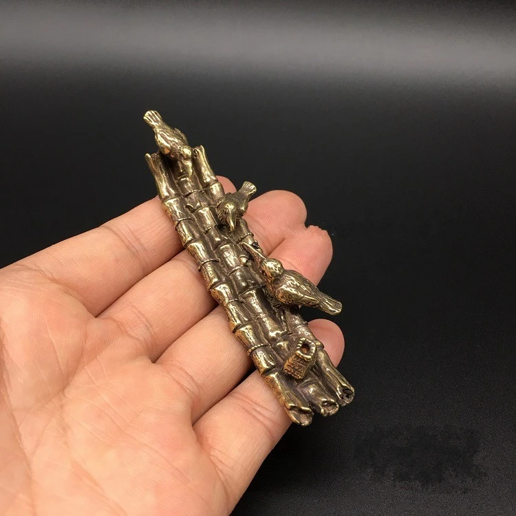 Collection Chinese Brass Carved Osprey Bird Catches Fish Bamboo Raft Fishing Basket Exquisite Small Statue