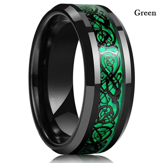 Gold Color Tungsten Wedding Band for Men Dragon Ring Green Blue Carbon Fiber Inlay Polish Finish Beveled Edges Comfort Fit