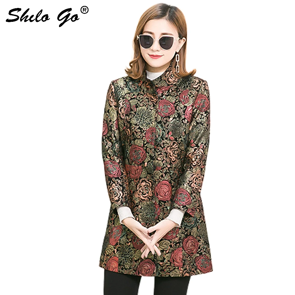 

8XL Plus Size Genuine Leather Jacket Highstreet Mock Neck Floral Printed Sheepskin Long Coat Women Autumn Winter Casual Outwear
