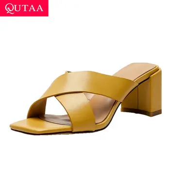 

QUTAA 2020 Square Heel open-toed Slip on Women Shoes Cow Leather Slingback Fashion Sandal Summer Cut Outs Ladies Pumps Size34-40