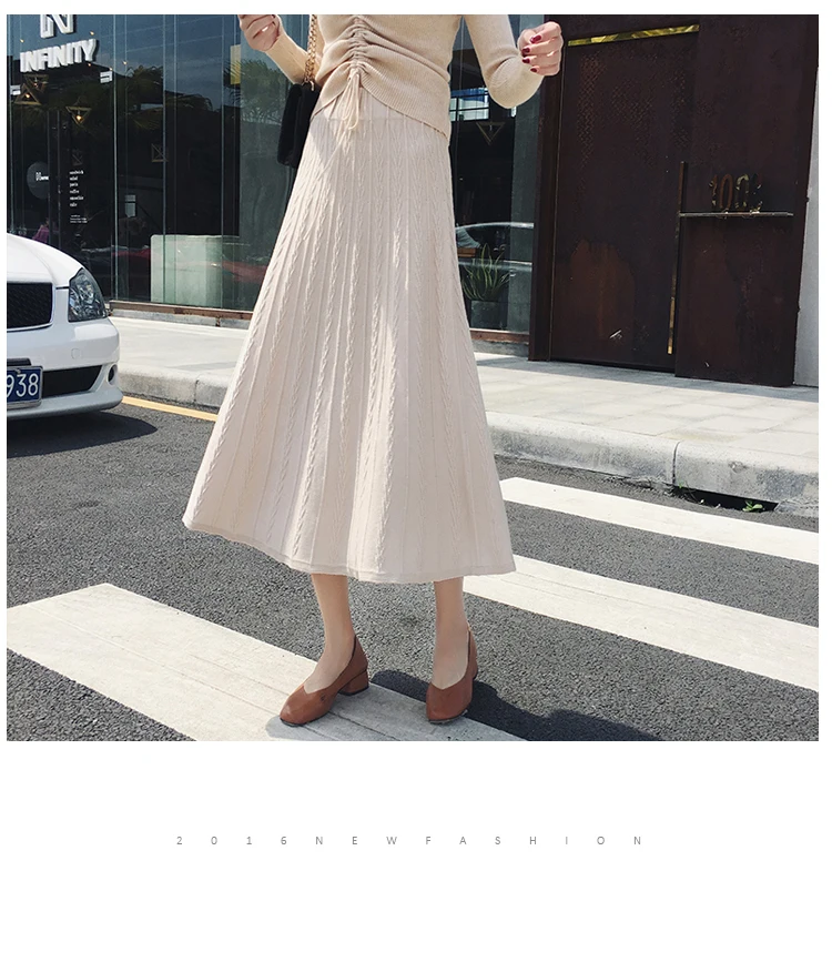 Длинная Плиссированная юбка миди для женщин, Осень-зима, корейская мода, высокая талия, трапециевидная витая трикотажная юбка, jupe femme