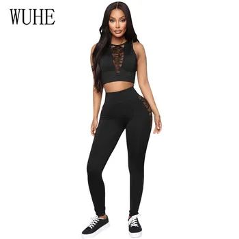

WUHE Sexy Night Party Club Lace Pacthwork Jumpsuit Two Pieces Set Women Casual Sprot O Neck Bodycon Rompers Female Overalls