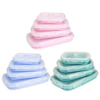 

4Pcs Silicone Folding Bento Lunch Box Collapsible Portable Lunchbox Dinnerware Meal Food Container For Kitchen