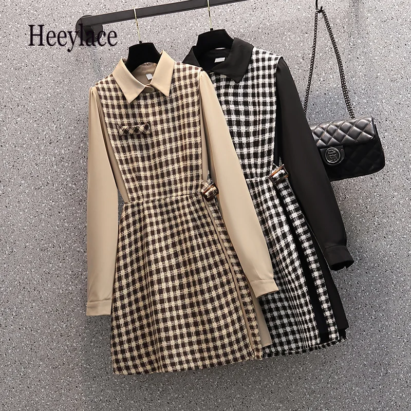 

Office Ladies Elegant Two Piece Set Korean Long Sleeve Polo Collar Blouse And Woolen Dress Two Piece Set Outfits