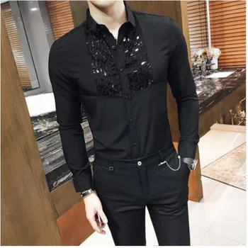 

British Style Men Shirt Spring Summer Fashion 2019 Sequins Dress Shirts Men Slim Fit Long Sleeve Night Club Casual Social Blouse