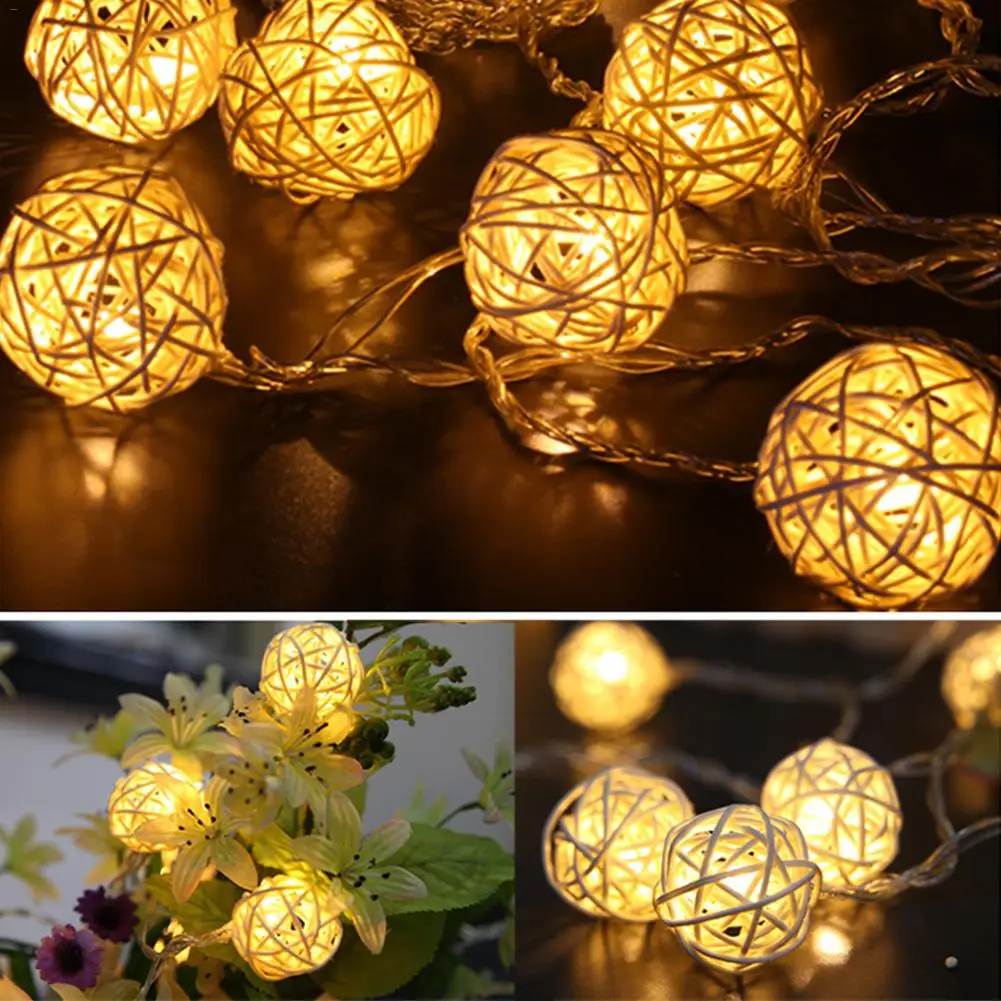 20 Led Rattan Ball Fairy Light String Decorative Lights Battery Operated Christmas Outdoor Patio Garland Wedding Decoration