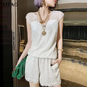 

XITAO Sequin Tanks Fashion New Women Sleeveless Backless Strapless 2020 Summer Lace Hollow Out Minority Loose Tank Top ZP1069