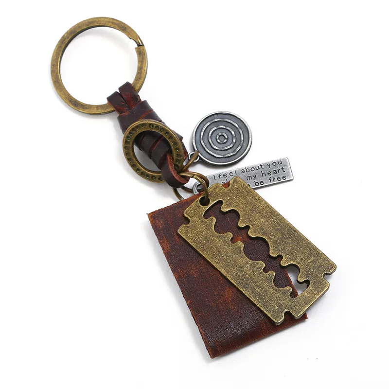 

Punk Handmade Retro Weaving Cattle-leather Key Ring Creative Alloy Blade Small Gifts Men Pendant