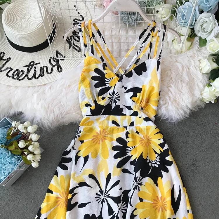 Платье богемное Flroal Vestido сексуальное летнее платье с v-образным вырезом женское без рукавов с открытой спиной пляжное стильное ТРАПЕЦИЕВИДНОЕ длинное платье AE833